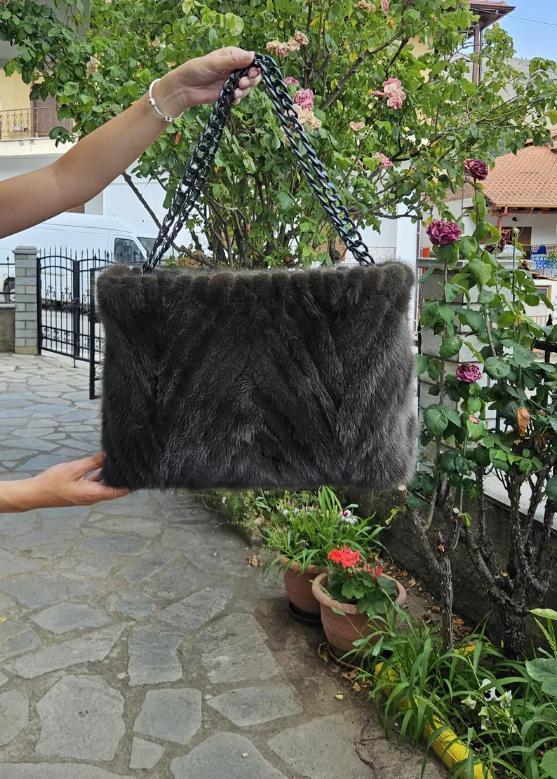 Real Mink Fur Bag with chain in dark green color - Image 2