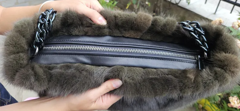 Real Mink Fur Bag with chain in dark green color - Image 3