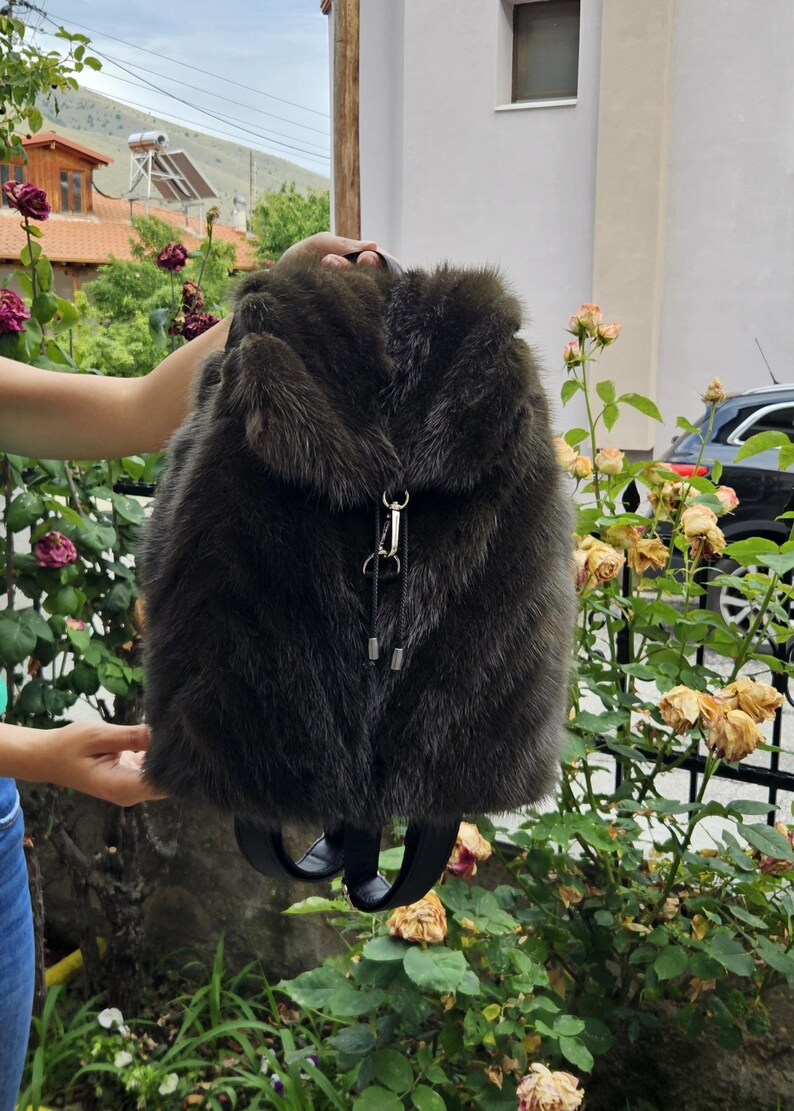 Real Mink Fur Backpack with leather details in green color