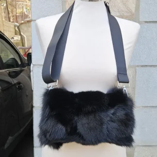 Real Fox Fur Bag with leather details in black color