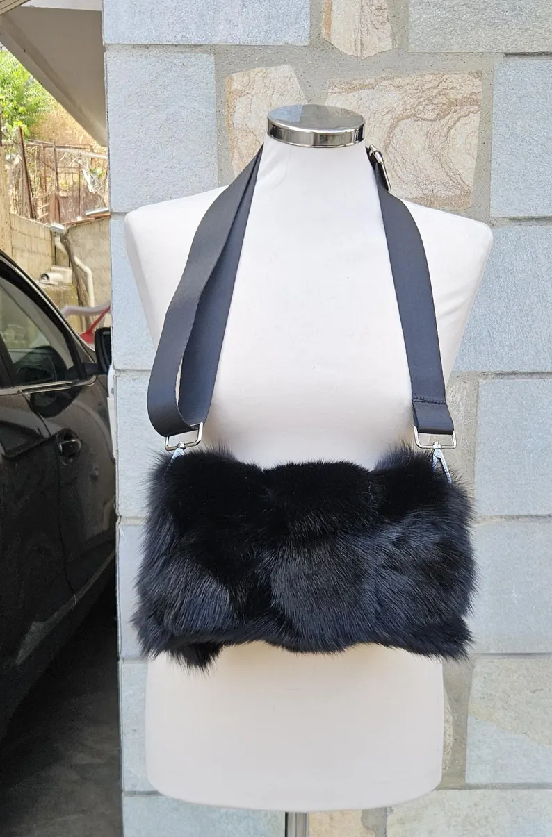 Real Fox Fur Bag with leather details in black color