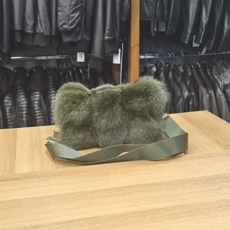 Real Fox Fur Bag with leather details in green color