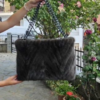 Real Mink Fur Bag with chain in dark green color