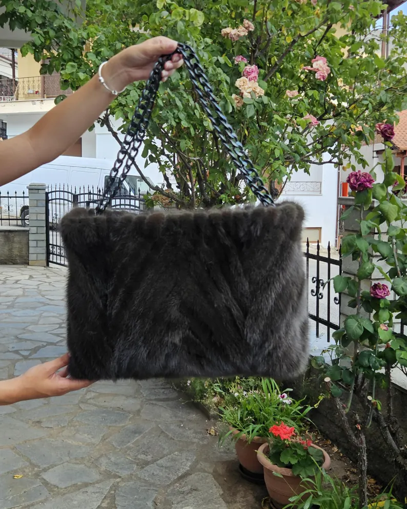 Real Mink Fur Bag with chain in dark green color