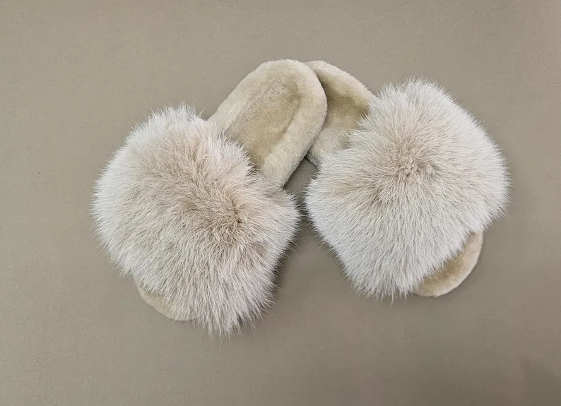 Real Fox - Sheepskin Fur Slippers in beige color - Image 2
