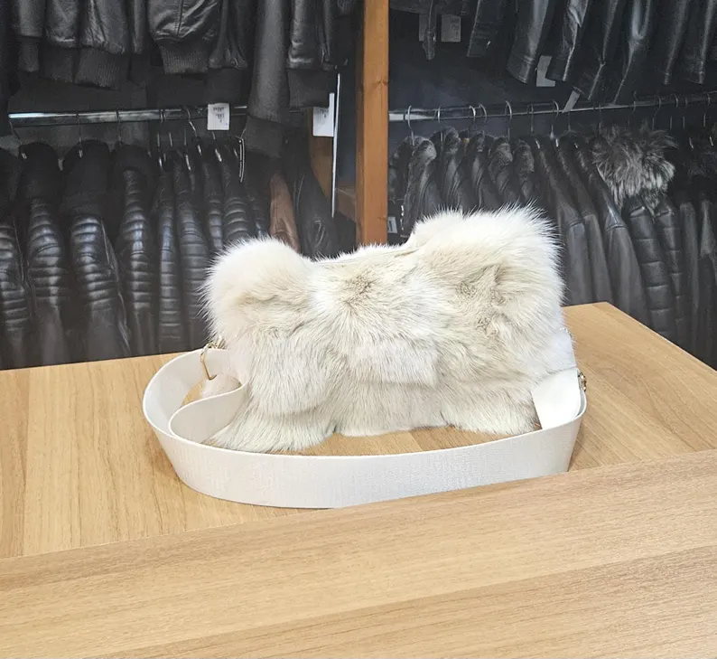 Real Fox Fur Bag with leather details in beige color