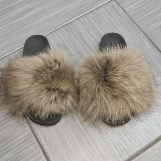 Real Fox Fur Slides in beige color