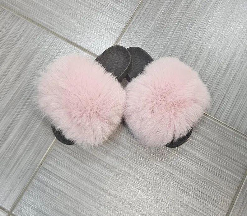 Real Fox Fur Slides in pink color