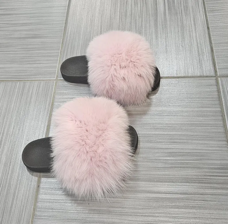 Real Fox Fur Slides in pink color - Image 3