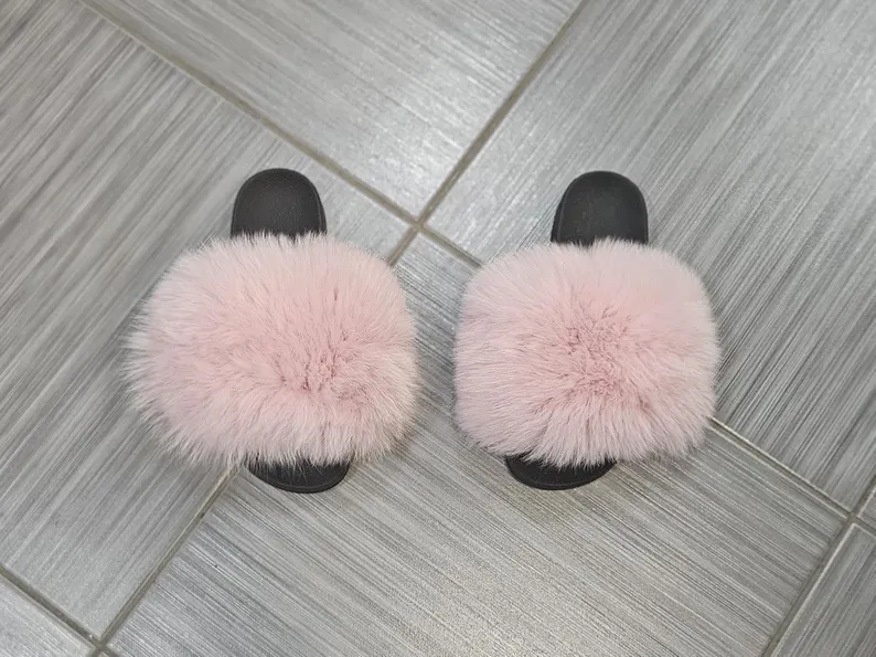 Real Fox Fur Slides in pink color - Image 2