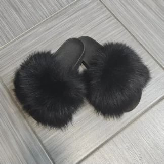 Real Fox Fur Slides in black color