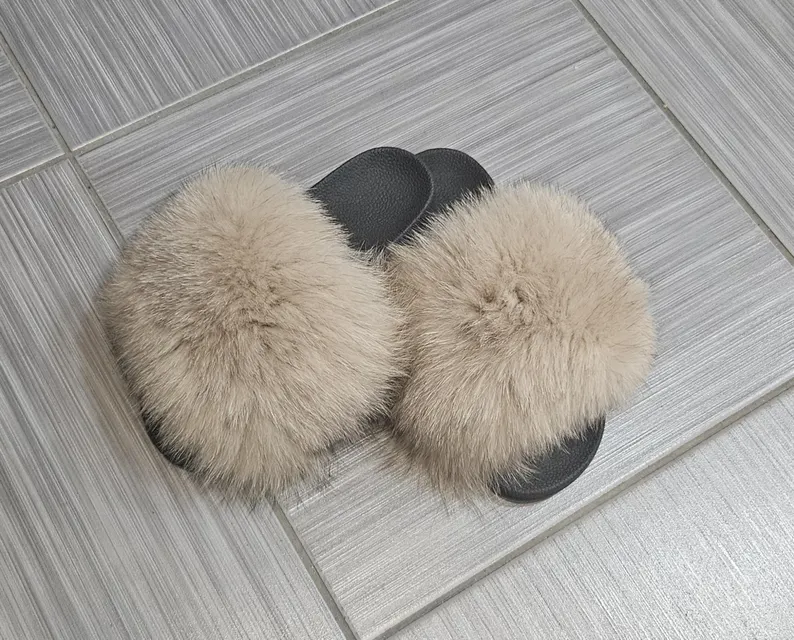 Real Fox Fur Slides in beige color