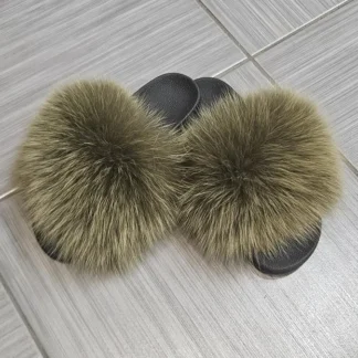 Real Fox Fur Slides in green color