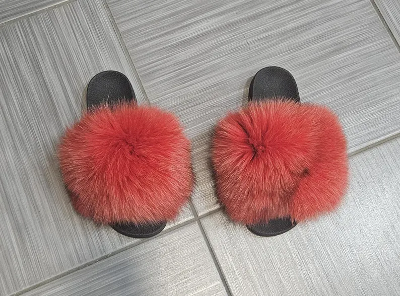 Real Fox Fur Slides in red color - Image 2