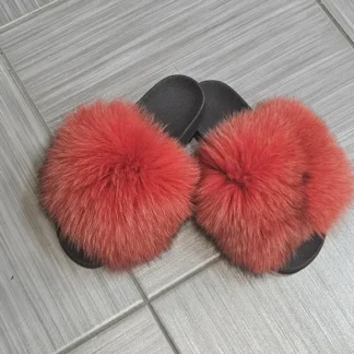 Real Fox Fur Slides in red color