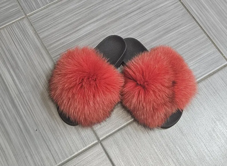 Real Fox Fur Slides in red color