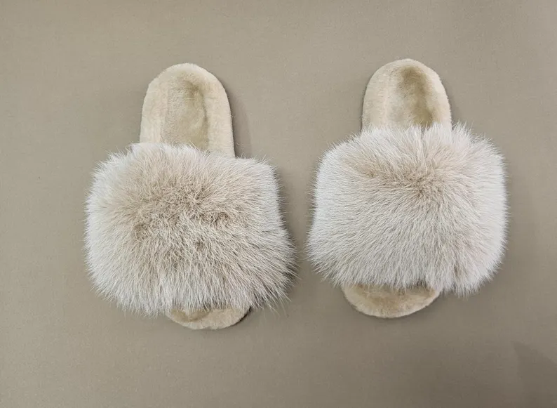 Real Fox - Sheepskin Fur Slippers in beige color - Image 3