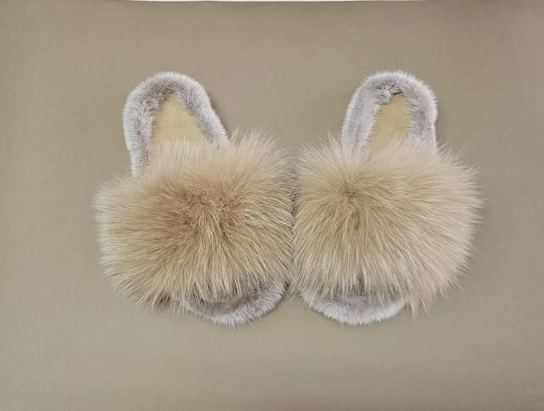 Real Fox - Mink Fur Slippers in beige color - Image 3
