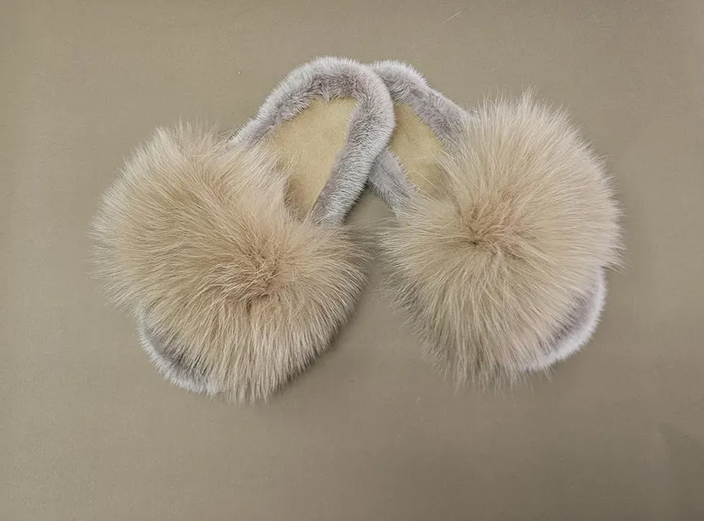 Real Fox - Mink Fur Slippers in beige color - Image 4