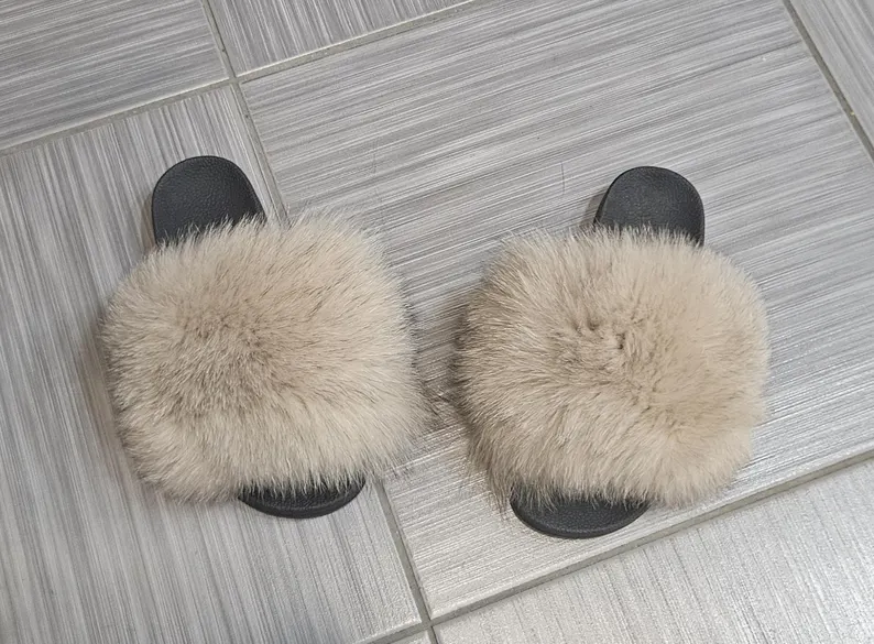 Real Fox Fur Slides in beige color - Image 2