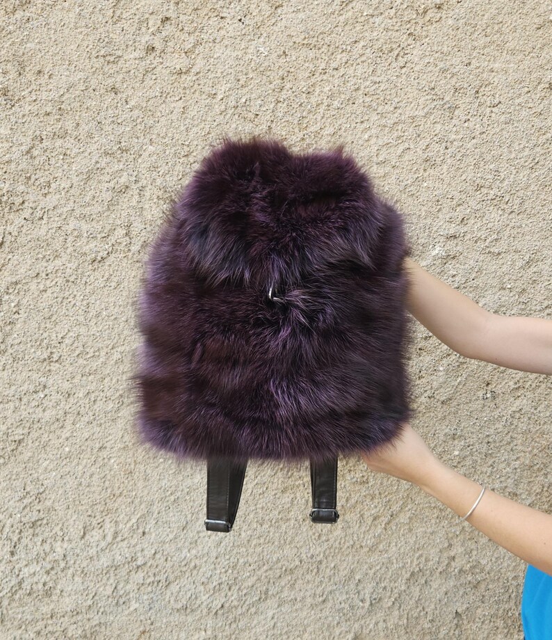 Real Fox Fur Backpack with leather details in purple color