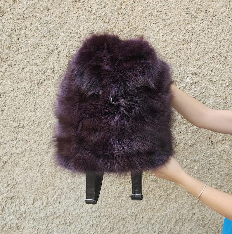 Real Fox Fur Backpack with leather details in purple color - Image 2