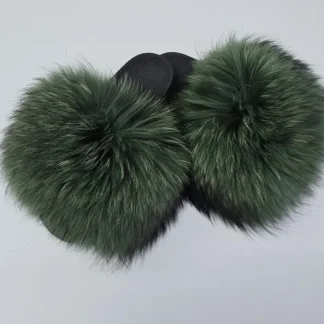 Real Fox Fur Slides in green color