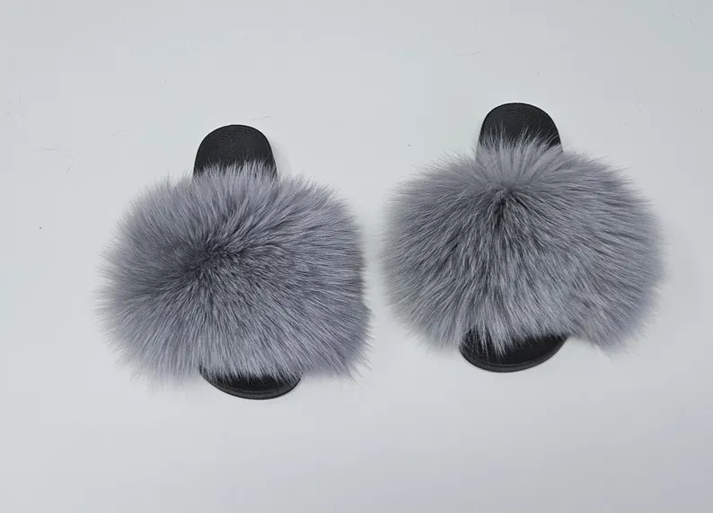 Real Fox Fur Slides in gray color