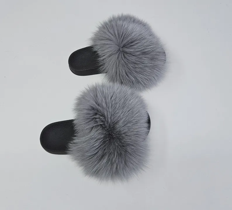 Real Fox Fur Slides in gray color - Image 2