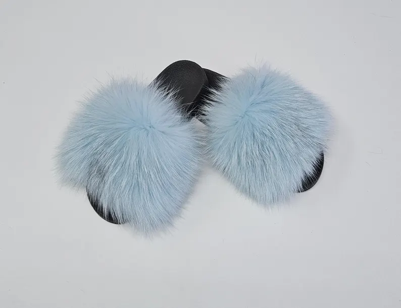 Real Fox Fur Slides in light blue color
