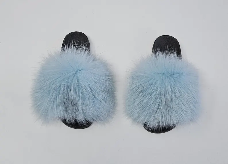 Real Fox Fur Slides in light blue color - Image 3