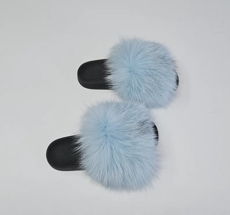 Real Fox Fur Slides in light blue color - Image 2