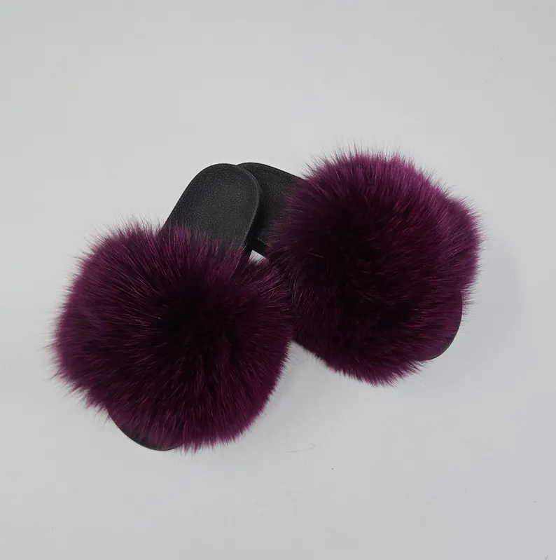 Real Fox Fur Slides in magenta color
