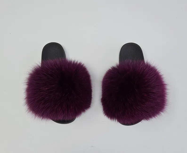 Real Fox Fur Slides in magenta color - Image 3