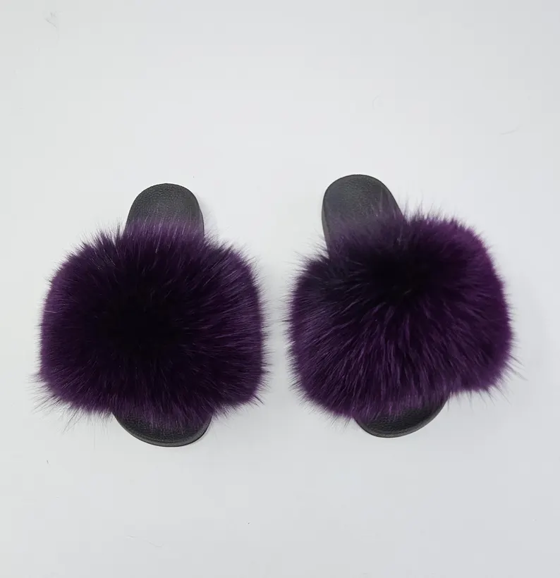 Real Fox Fur Slides in purple color