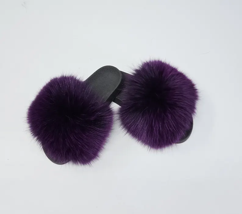 Real Fox Fur Slides in purple color - Image 2