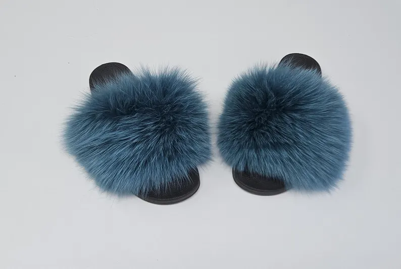 Real Fox Fur Slides in blue color - Image 2