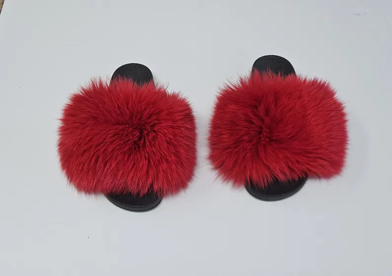Real Fox Fur Slides in red color - Image 2