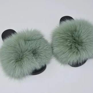 Real Fox Fur Slides in green color