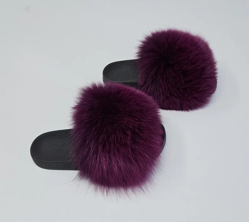 Real Fox Fur Slides in magenta color - Image 2