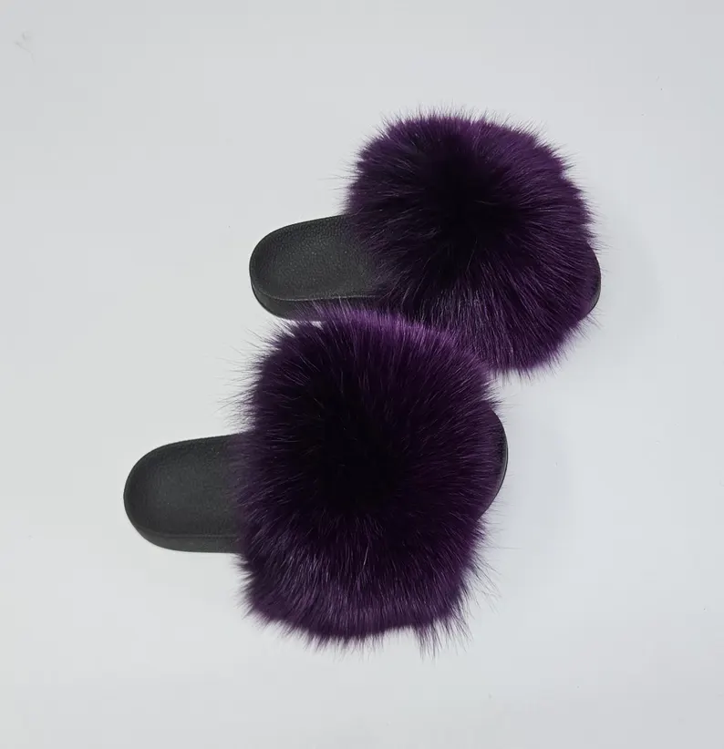 Real Fox Fur Slides in purple color - Image 3