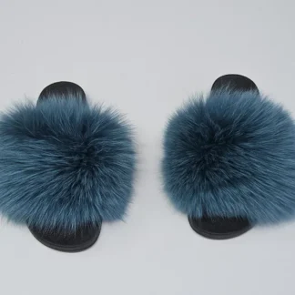 Real Fox Fur Slides in blue color