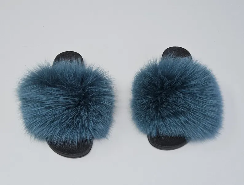 Real Fox Fur Slides in blue color