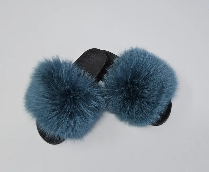 Real Fox Fur Slides in blue color - Image 3