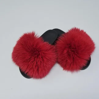 Real Fox Fur Slides in red color