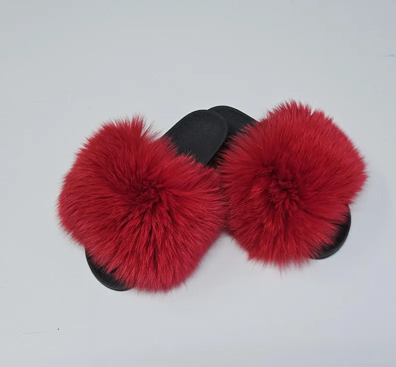 Real Fox Fur Slides in red color