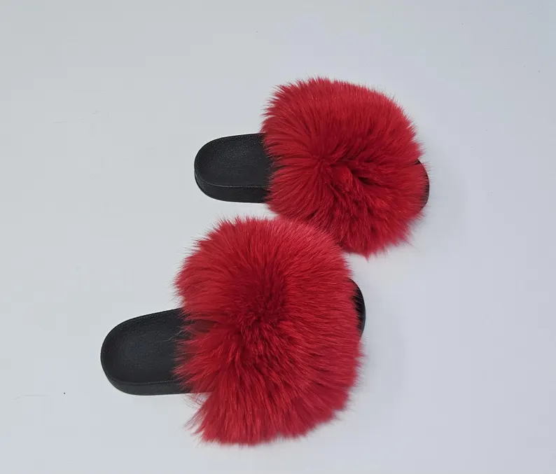 Real Fox Fur Slides in red color - Image 3