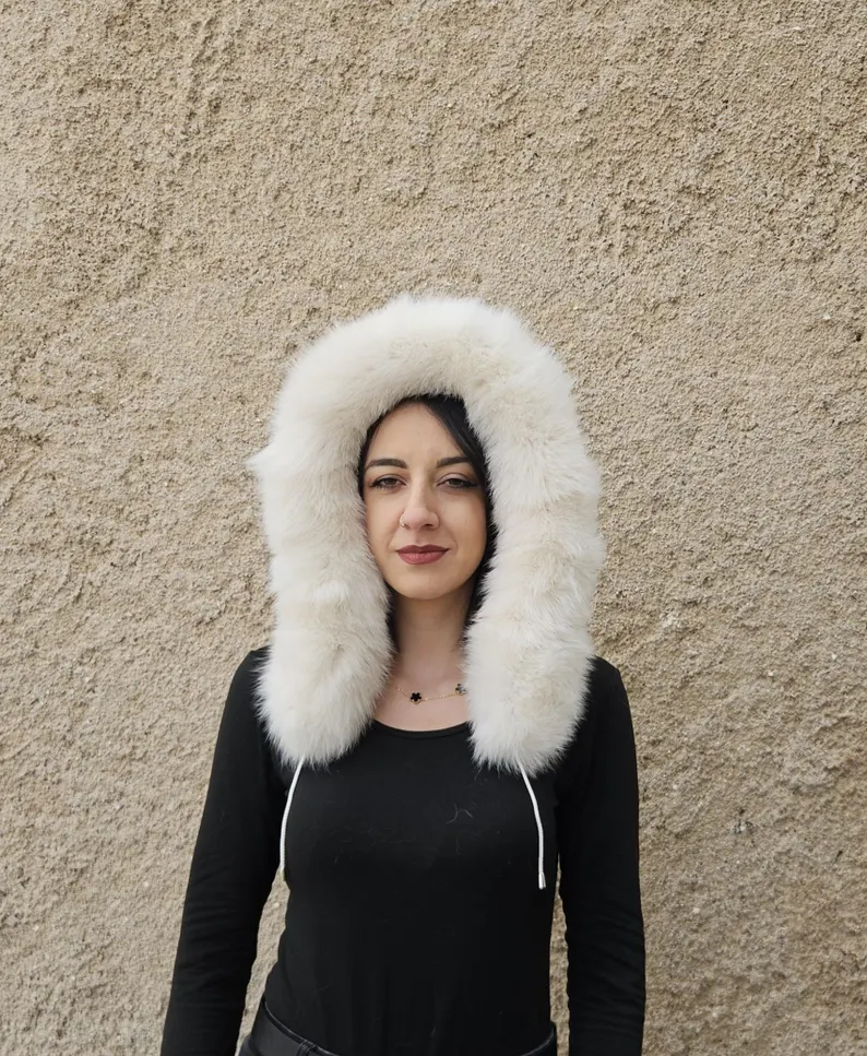 Real Fox Fur Hood in white color