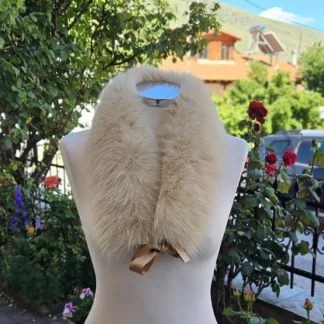 Real Fox Fur Collar with ribbon in light beige color