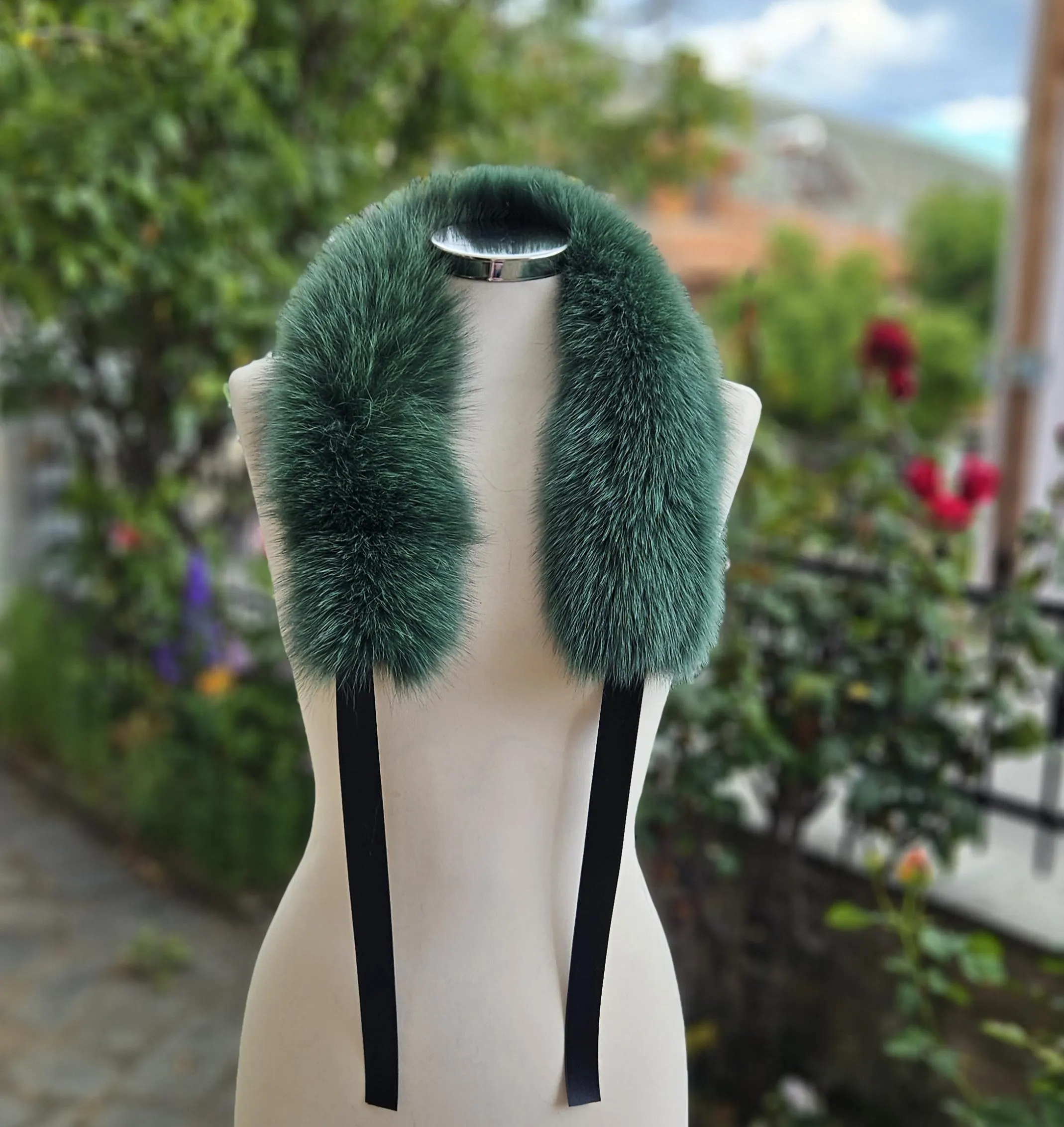 Real Fox Fur Collar with ribbon in green color - Image 6